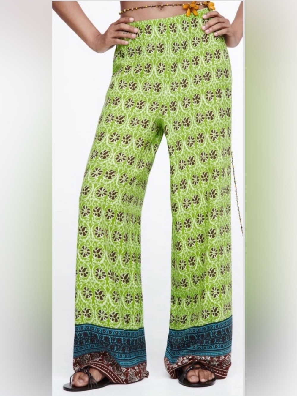Zara boho printed Green Floral Wide Leg Pants